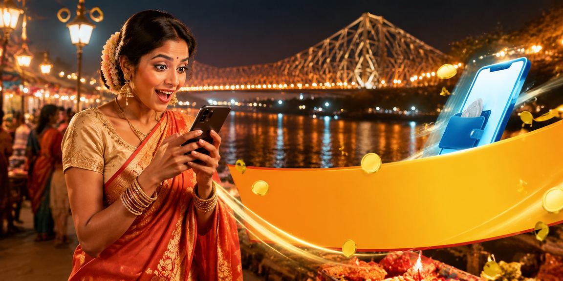 Kolkata night market with lottery and cashback bonus sign