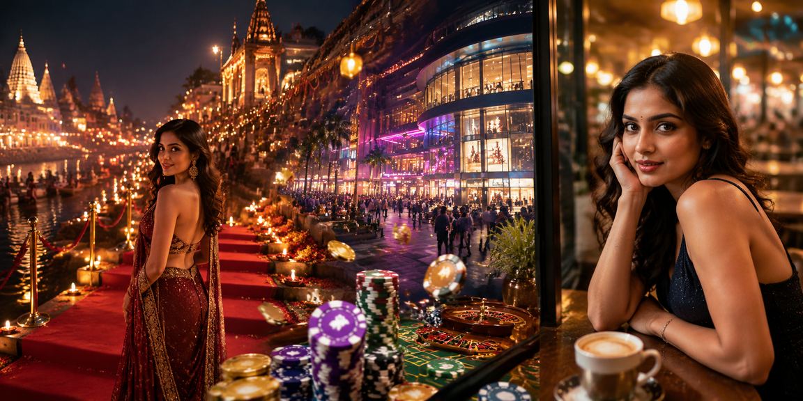 Vibrant Varanasi Ghat illuminated at night